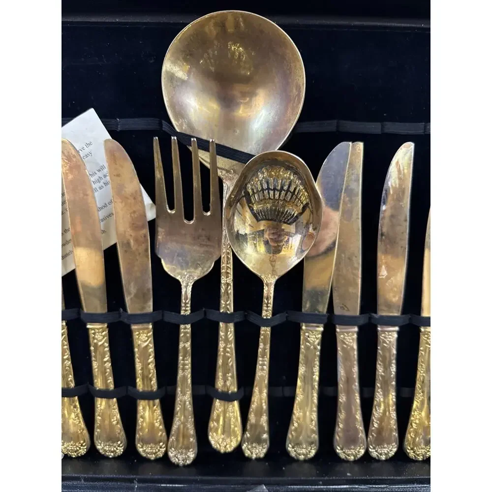WM Rogers Enchanted Rose Gold Plated Flatware Set 63 Pc Service for 12 Case Vtg